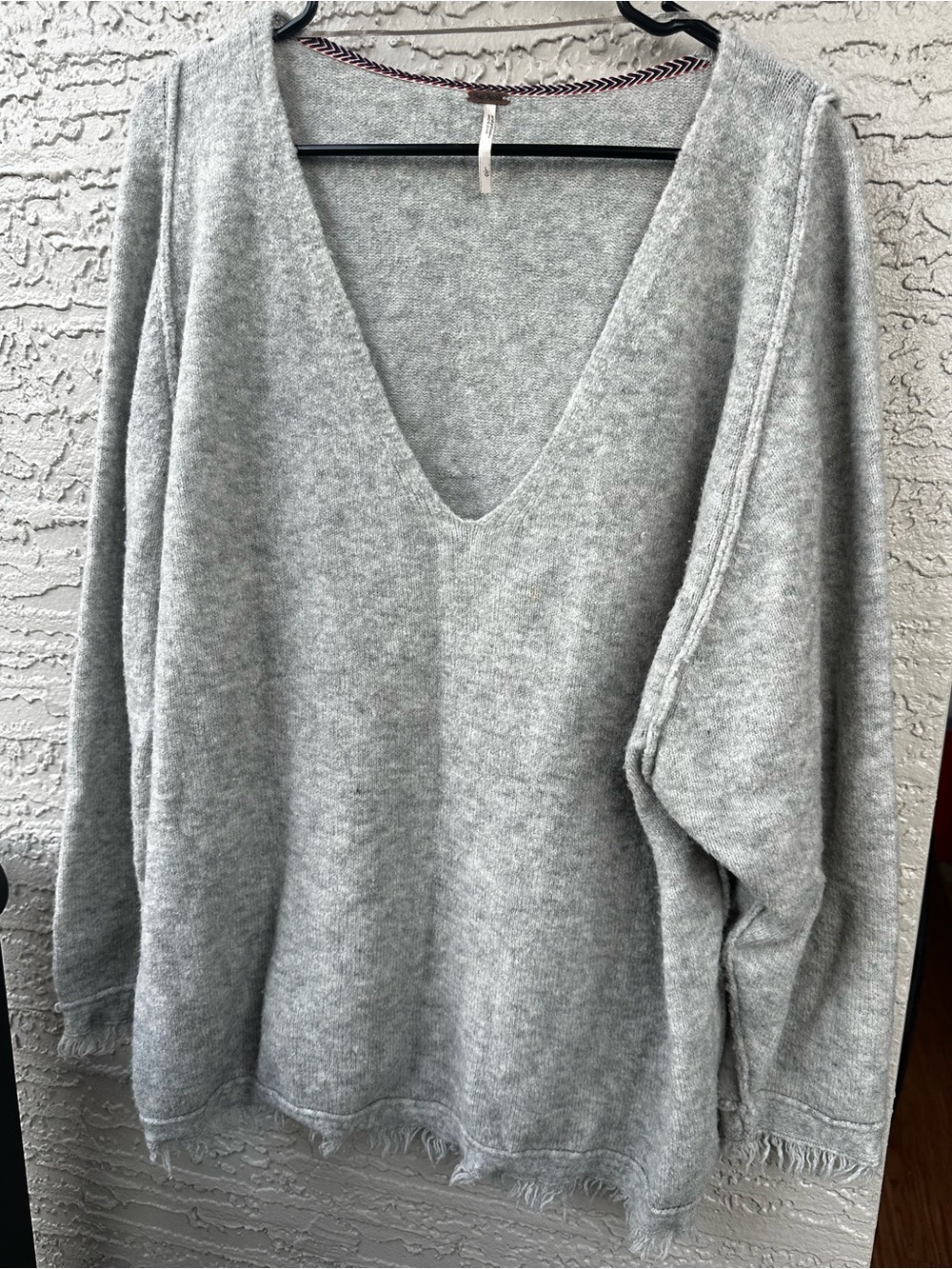 Free People V-Neck Women's Sweater in Light Gray Fringe Details Size Large